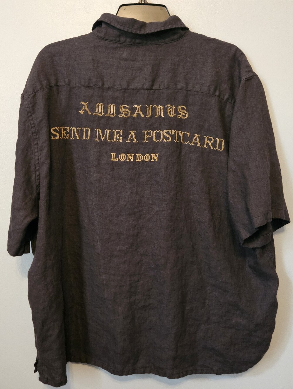 AllSaints Dunloe Embroidered Linen Button-Up Camp Shirt Black XXL Send Postcard